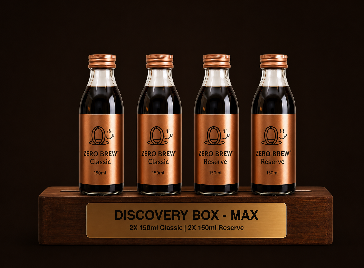 Four Zero Brew bottles placed inside the Discovery Box Max wooden display